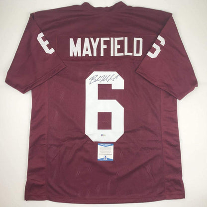 Autographed/Signed Baker Mayfield Oklahoma Crimson College Football Jersey Beckett BAS COA