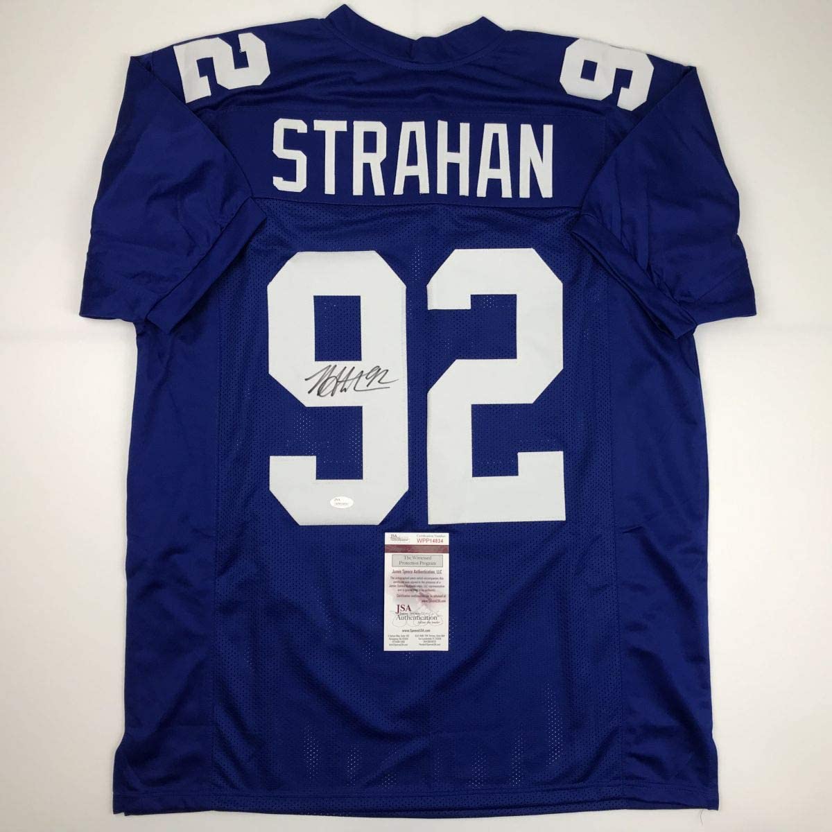 Autographed/Signed Michael Strahan New York Blue Football Jersey JSA COA