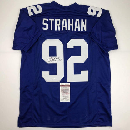 Autographed/Signed Michael Strahan New York Blue Football Jersey JSA COA