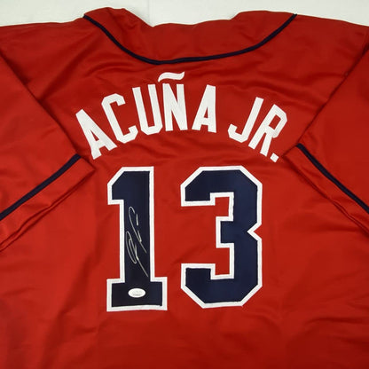 Autographed/Signed Ronald Acuna Jr. Atlanta Red Baseball Jersey JSA COA