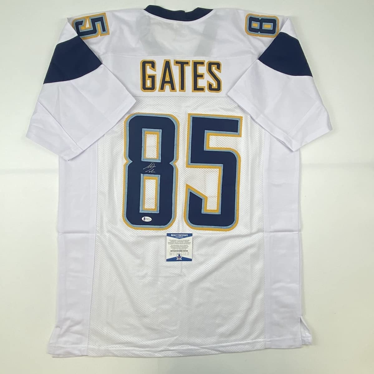 Autographed/Signed Antonio Gates Los Angeles LA White Football Jersey Beckett BAS COA