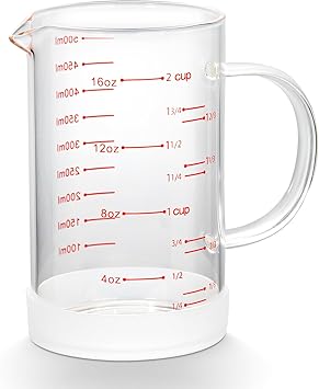 2 Cup Glass Measuring Cup with Handle, 77L High Borosilicate Glass Measuring Cup with V-Shaped and Three Scales (Cup, OZ, ML), Glass Liquid Beaker with Silicone Base, Double-Sided Measure Scales
