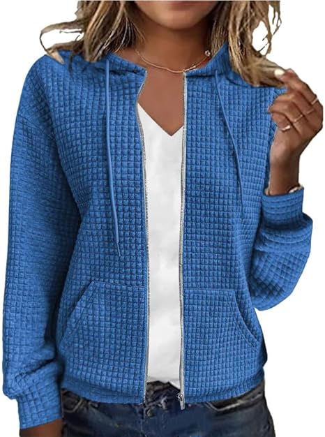 Women's Waffle Hoodies Sweatshirt Long Sleeve Drawstring Pockets Casual Zipper Jacket