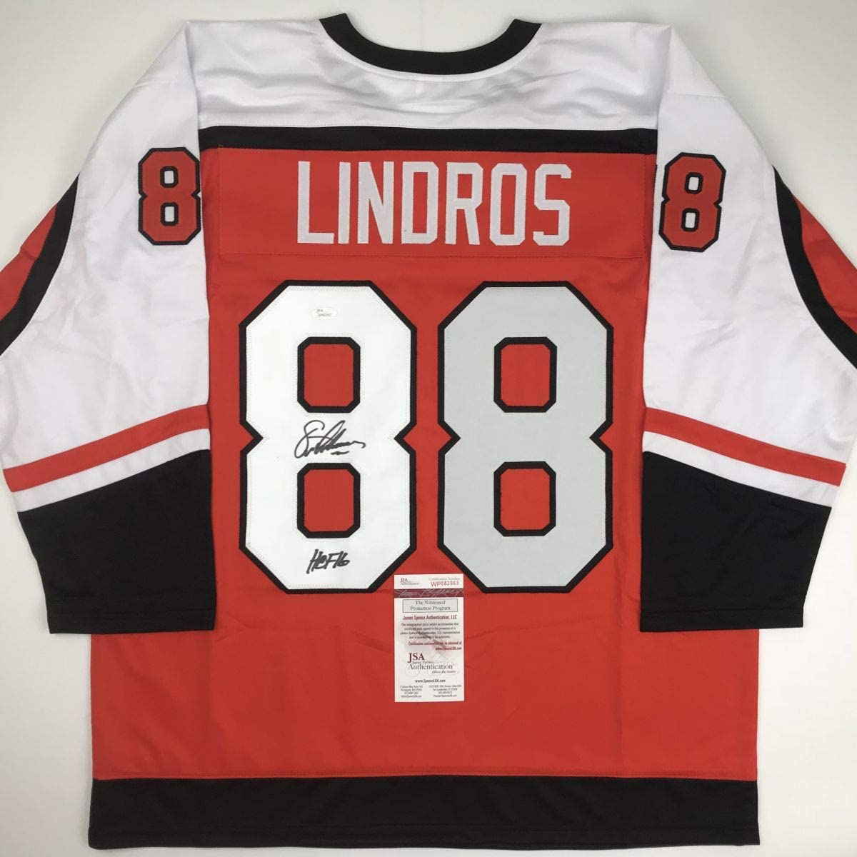 Autographed/Signed Eric Lindros HOF 16 Philadelphia Orange Hockey Jersey JSA COA