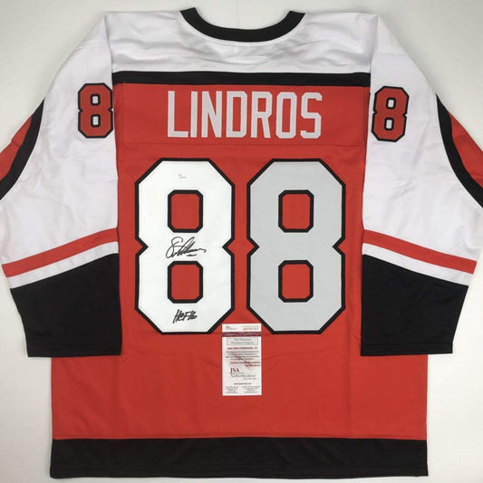 Autographed/Signed Eric Lindros HOF 16 Philadelphia Orange Hockey Jersey JSA COA