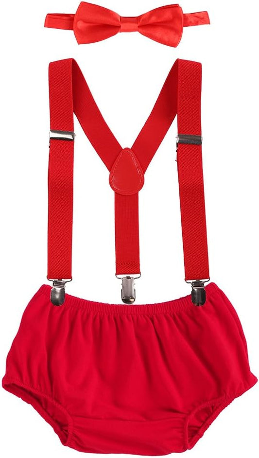 Baby Boys Cake Smash Clothes Diaper Suspenders Pants Bow Tie 3PCS Set First 1st 2nd Birthday Outfit for Photo Prop Party