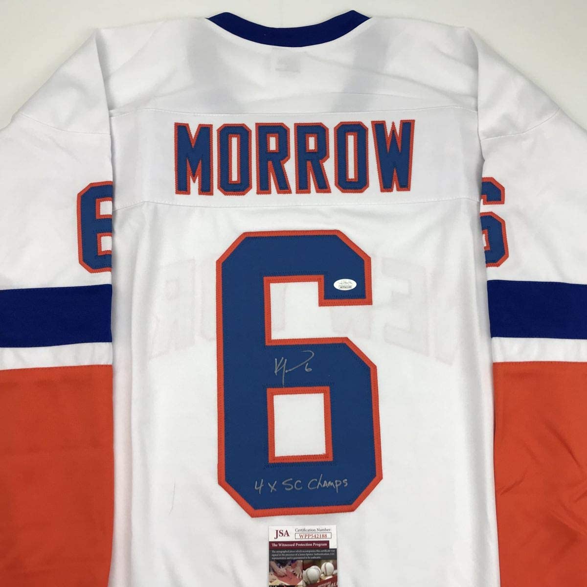 Autographed/Signed Ken Morrow 4x SC Champs New York White Hockey Jersey JSA COA
