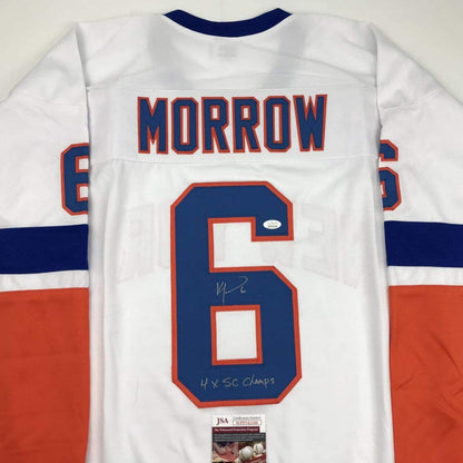 Autographed/Signed Ken Morrow 4x SC Champs New York White Hockey Jersey JSA COA