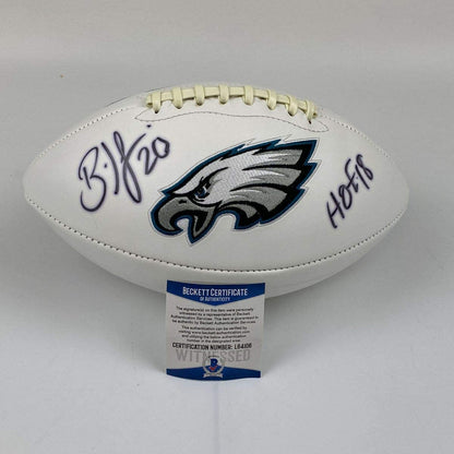 Autographed/Signed Brian Dawkins HOF 18 Philadelphia Eagles White Panel Logo Football Beckett BAS COA