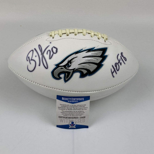 Autographed/Signed Brian Dawkins HOF 18 Philadelphia Eagles White Panel Logo Football Beckett BAS COA