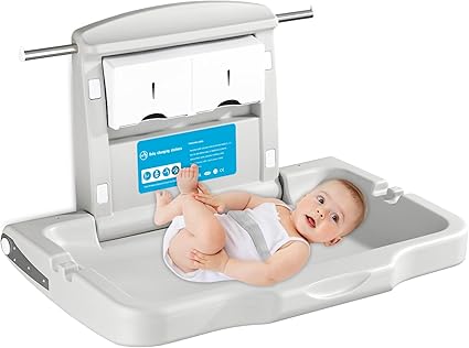 Baby Changing Station, Wall Mounted Horizontal Diaper Changing Table Foldable Changing Station with Safety Strap, Baby Changing Table for Commercial Bathroom/Nursery/Public Restroom, White Gray