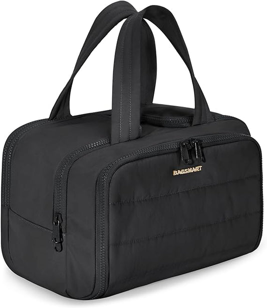 BAGSMART Travel Toiletry Bag, Lightweight Large Wide-open Travel Bag for Women, Puffy Cosmetic Makeup Bag Organizer with Handle for Accessories, Essentials, Toiletries, Black