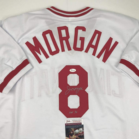 Autographed/Signed Joe Morgan HOF 90 Cincinnati White Baseball Jersey JSA COA