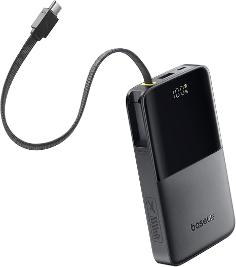 Baseus Portable Charger, 22.5W PD Fast Charging 10000mAh Power Bank, Built-in Braided USB C Cable Battery Pack, Travel Essentials Portable Phone Charger for iPhone 16 Pro, iPad, S25/S24 etc