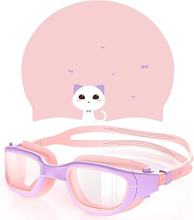 Kids Swim Goggles with Silicone Swim Cap, Swimming Goggles Cap Set for Kids 6-14, Anti-Fog Anti-UV for Boys Girls