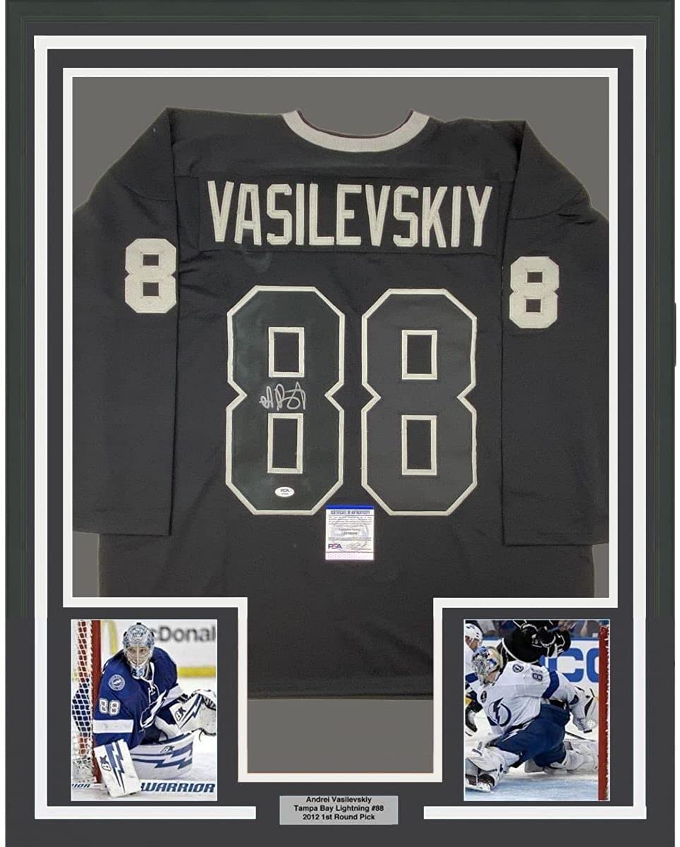 Framed Autographed/Signed Andrei Vasilevskiy 35x39 Tampa Bay Black Hockey Jersey PSA/DNA COA