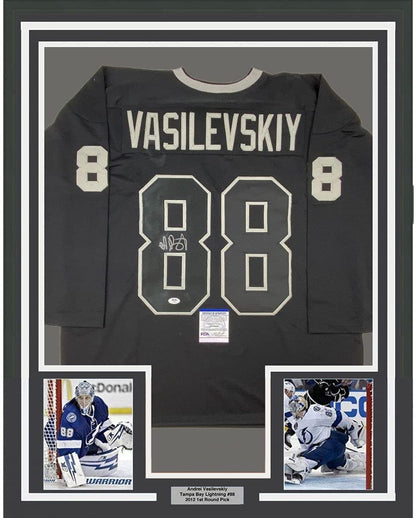 Framed Autographed/Signed Andrei Vasilevskiy 35x39 Tampa Bay Black Hockey Jersey PSA/DNA COA