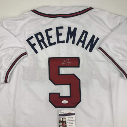 Autographed/Signed Freddie Freeman Atlanta White Baseball Jersey JSA COA