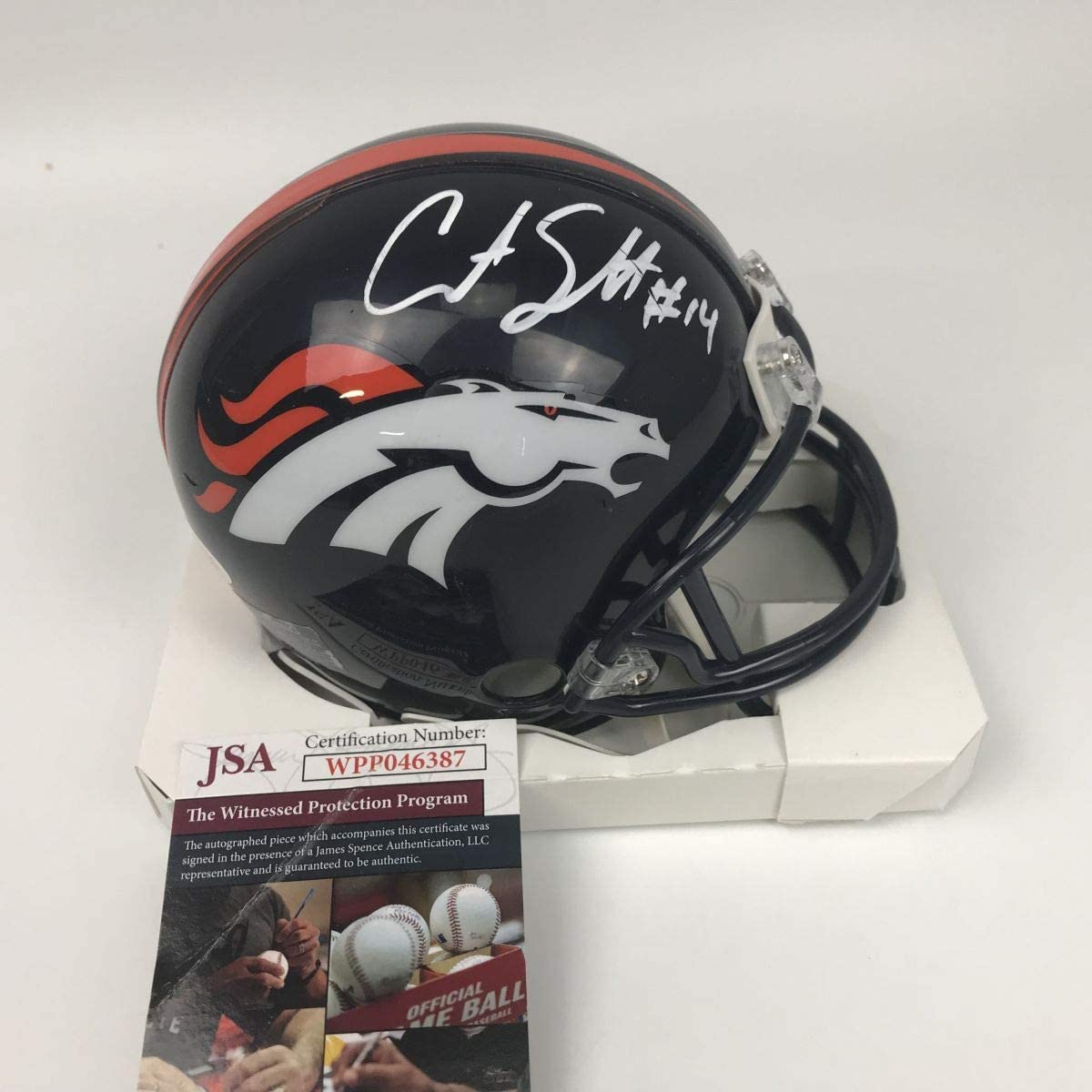 Autographed/Signed Courtland Sutton Denver Broncos Mini Football Helmet JSA COA