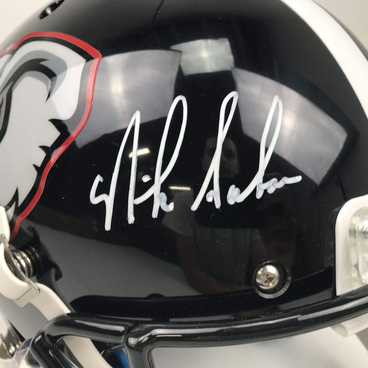 Autographed/Signed Nick Saban Alabama Crimson Tide Black Elephant Full Size FS F/S Replica College Football Helmet JSA COA