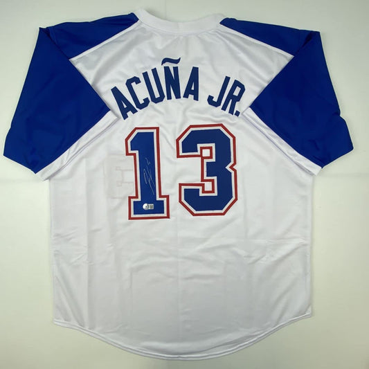 Autographed/Signed Ronald Acuna Jr. Atlanta White Retro Baseball Jersey Beckett BAS COA
