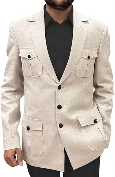 4 Pocket Linen Safari Suit Jacket Blazer for Men TX102990 Beige