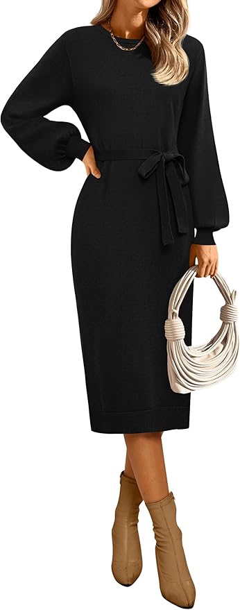 MIROL Women's 2025 Fall Sweater Dress Crew Neck Long Puff Sleeve Tie Waist Knit Midi Dress with Belt
