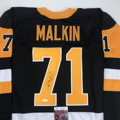 Autographed/Signed Evgeni Malkin Pittsburgh Black Hockey Jersey JSA COA