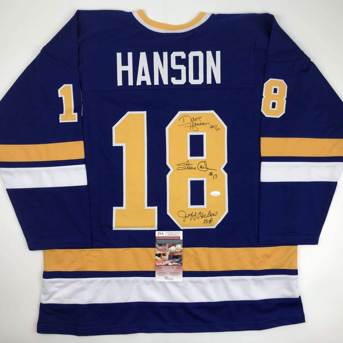 Autographed/Signed Hanson Brothers Chiefs Slap Shot Movie #18 Blue Hockey Jersey JSA COA