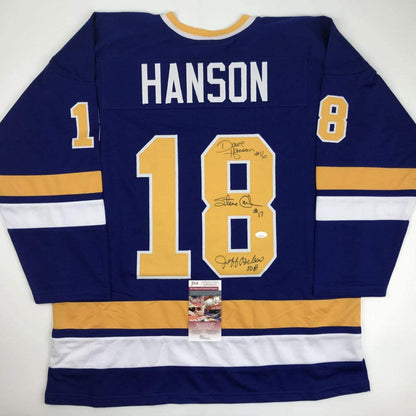 Autographed/Signed Hanson Brothers Chiefs Slap Shot Movie #18 Blue Hockey Jersey JSA COA
