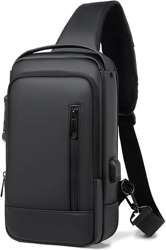 Sling Bag for Men | Anti-theft Crossbody Bag USB PU Leather Shoulder Bag Chest Bag for Daily use Waterproof Lightweight One Strap Backpack, Black