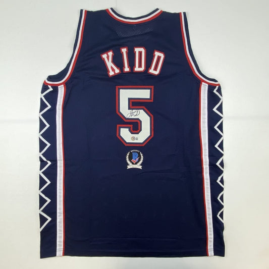 Autographed/Signed Jason Kidd New Jersey NJ Blue Basketball Jersey Beckett BAS COA