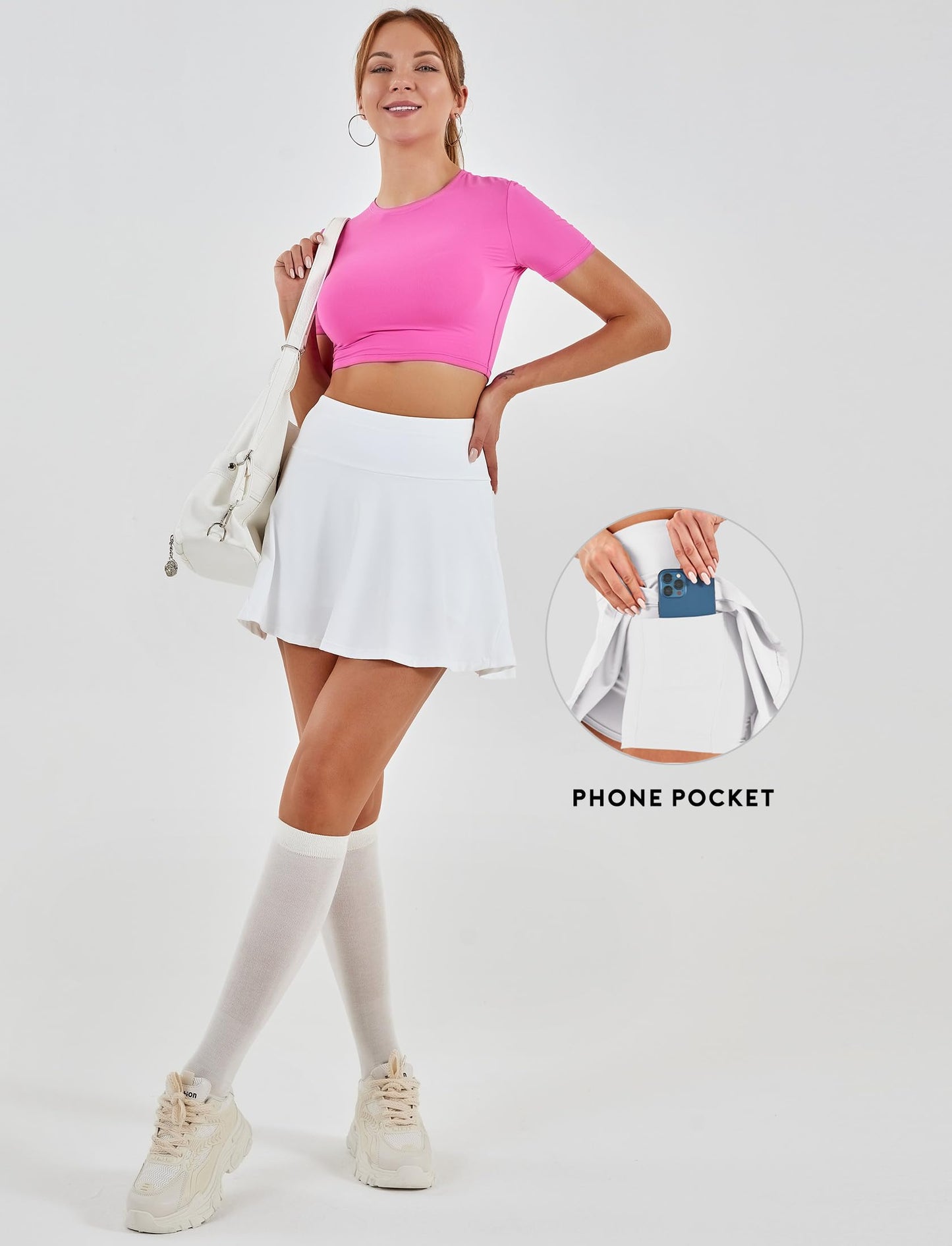 icyzone Women's High Waisted Mini Tennis Skirts, Pleated Athletic Golf Skorts with Shorts (Off White, M)