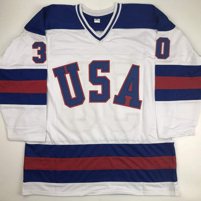 Autographed/Signed Jim Craig White Team USA Miracle On Ice 1980 Olympics Hockey Jersey JSA COA