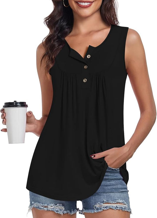 POPYOUNG Womens Summer Tank Tops Sleeveless Loose Fit Henley Button Down Shirts to Wear with Leggings Casual Pleated Blouse