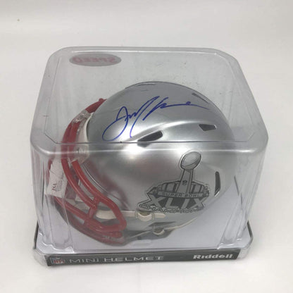 Autographed/Signed Julian Edelman Super Bowl XLIX New England Patriots Football Mini Helmet JSA COA
