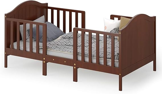 Costzon 2 in 1 Convertible Toddler Bed, Classic Wood Kids Bed w/2 Side Guardrails, Footboard for Extra Safety, Children Bed Frame Convert to Two Chairs/Sofa/Cribs, Gift for Boy Girl (Brown)