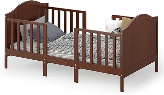 Costzon 2 in 1 Convertible Toddler Bed, Classic Wood Kids Bed w/2 Side Guardrails, Footboard for Extra Safety, Children Bed Frame Convert to Two Chairs/Sofa/Cribs, Gift for Boy Girl (Brown)