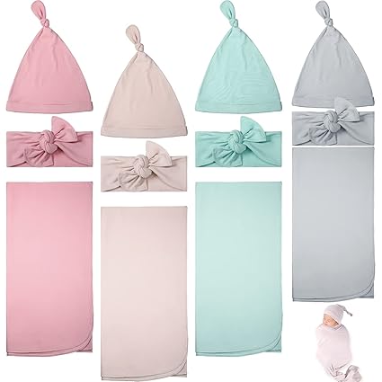 4 Set Newborn Swaddle and Hat Set Large Soft Stretchy Receiving Blanket Wrap Baby Nursery Swaddle with Bow Decor Newborn Hat (Light Green, Gray, Pink, Light Khaki)