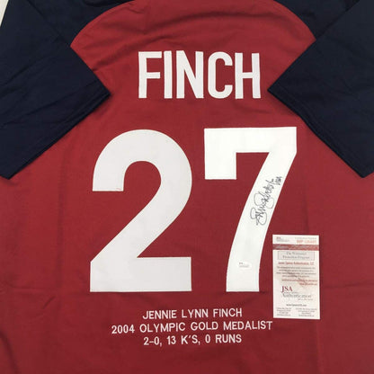 Autographed/Signed Jennie Finch USA Red Stat Team United States Softball Jersey JSA COA