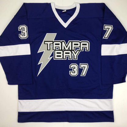 Autographed/Signed Yanni Gourde Tampa Bay Blue Hockey Jersey JSA COA