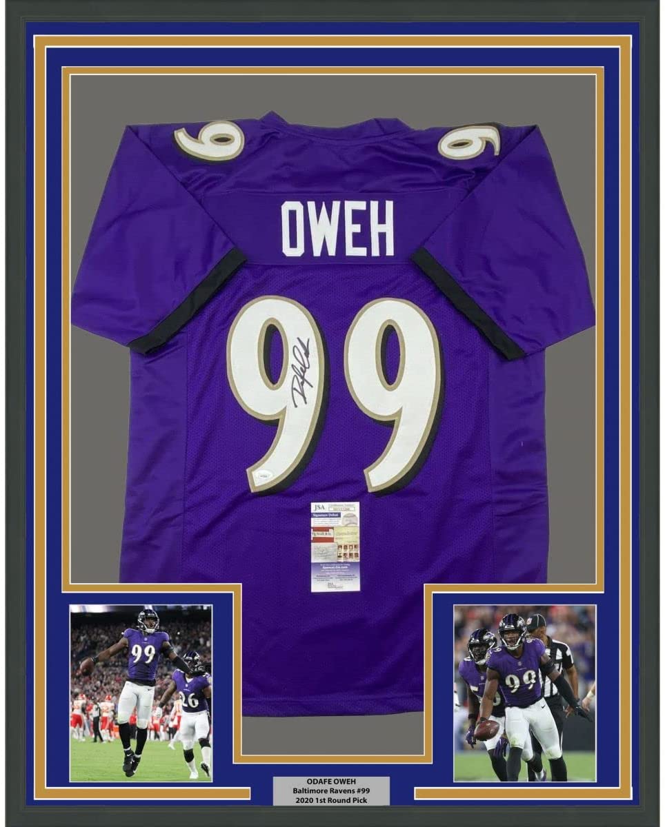 Framed Autographed/Signed Odafe Oweh 35x39 Baltimore Purple Football Jersey JSA COA