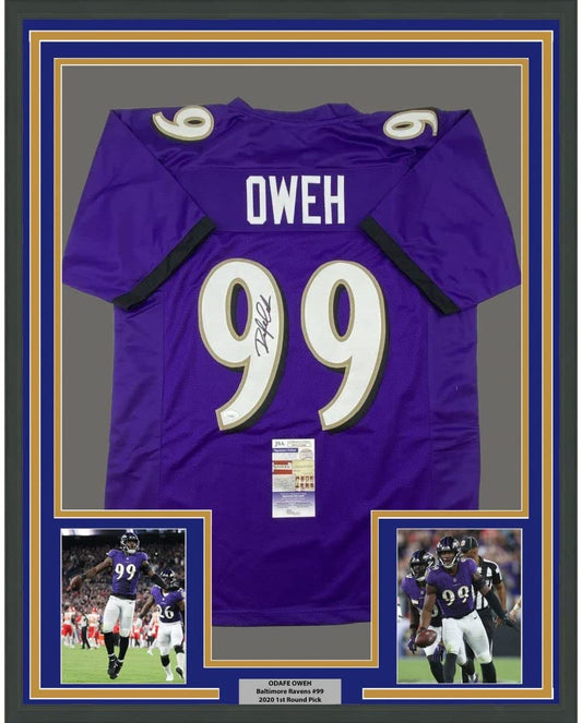 Framed Autographed/Signed Odafe Oweh 35x39 Baltimore Purple Football Jersey JSA COA