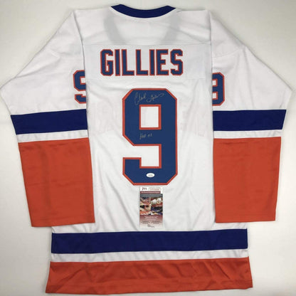 Autographed/Signed Clark Gillies HOF 02 New York White Hockey Jersey JSA COA