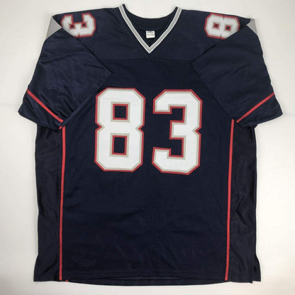 Autographed/Signed Deion Branch Super Bowl XXXIX MVP New England Blue Football Jersey Tristar COA