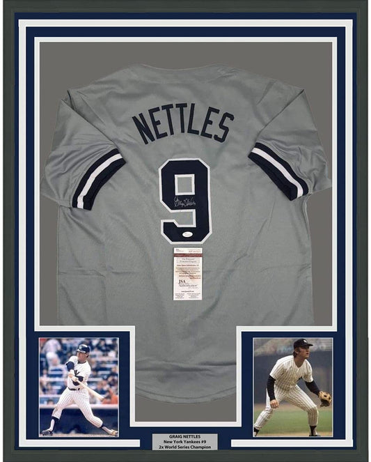 Framed Autographed/Signed Graig Nettles 35x39 New York Grey Baseball Jersey JSA COA