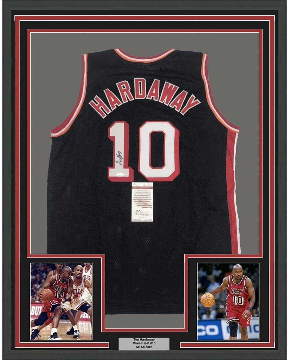 Framed Autographed/Signed Tim Hardaway 35x39 Miami Black Basketball Jersey JSA COA