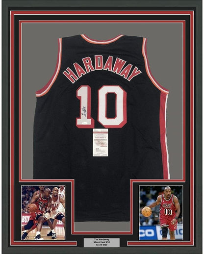 Framed Autographed/Signed Tim Hardaway 35x39 Miami Black Basketball Jersey JSA COA