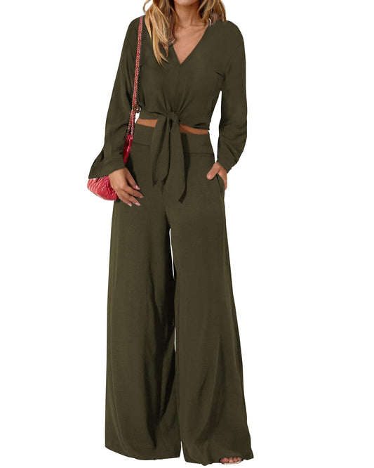 PRETTYGARDEN Women Tunic 2 Piece Sets Smocked Crop Top Wide Leg Pant Sets Dressy Jumpsuits For Work Business Office(Solid Army Green,Medium)