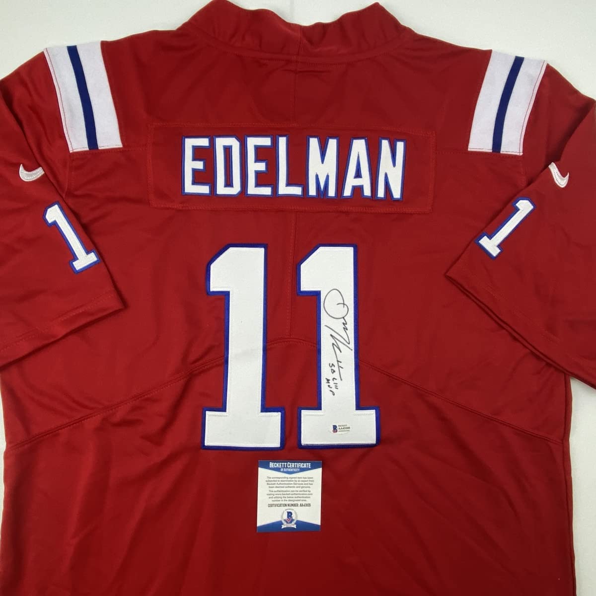 Autographed/Signed Julian Edelman SB LIII MVP New England Red Football Jersey Beckett BAS COA